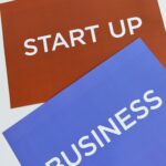 Two colorful placards with 'START UP' and 'BUSINESS' to symbolize modern entrepreneurship.